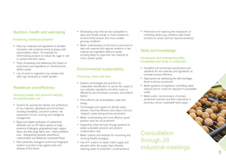 Nutrition, health and well-being
Enhancing nutritional potential
• New raw materials and ingredients to facilitate
innovation with products aimed at groups with
special dietary needs - for example, for
reformulating products to reduce fat, sugar or salt
or achieve free-from status
• Ways of assessing and addressing the impact of
using lower cost ingredients on nutritional and
dietary quality
• Use of novel or neglected crop varieties that
offer high nutritional or health benefits
Resilience and efficiency
Securing supply and assured integrity
at proportionate cost
• Systems for assuring the identity and authenticity
of raw materials, ingredients and animal feed -
including traceability, assurance systems, risk
assessment, horizon scanning and intelligence
management
• Rapid and reliable verification of ‘authenticity’
attributes such as GM status, species of origin,
presence of allergens, geographical origin, organic
status, and free range status, and - where problems
arise - distinguishing between adventitious
contamination and deliberate substitution/fraud
• New pesticides, biological control and integrated
systems to protect crops against pests and
diseases of the future
• Developing crops that are less susceptible to
pests and climate change or more resistant to
environmental stresses and more variable
growing conditions
• Better understanding of and tools to pre-empt or
deal with seasonal and regional variations in raw
material and ingredient yield and quality -
including ability to cope with raw materials of
more variable quality
Environmental sustainability
Producing ‘more with less’
• Systems, technologies and practices for
‘sustainable intensification’ to secure the supply of
raw materials, ingredients and other inputs as
affected by environmental, economic and political
factors
• More efficient use of phosphates, water and
energy
• Technologies and systems to identify waste
streams, maximise efficiency and reduce (not just
‘displace’) waste during primary production
• Better understanding and more effective ‘good
practice’ tools for soil protection
• Supporting ‘urban farming’ through guidance to
adopt sustainable practices and prevent
contamination risks
• Better systems and methods for recovering and
recycling flexible packaging
• Use of IT systems to better match supply and
demand within the supply chain (thereby
reducing waste of unwanted / unsold product)
• Mechanisms for balancing the implications of
conflicting drivers (e.g. nutritious diets based
primarily on locally sourced, seasonal products)
Skills and knowledge
Developing and maintaining skills,
knowledge and ‘tools’ in production
• Simplified and harmonised specifications and
standards for raw materials and ingredients, to
increase business efficiency
• Approaches for addressing the skills shortages
faced in primary production
• Better guidance on legislation controlling waste
disposal and on routes for disposal of unavoidable
waste
• Better public communication of primary
production practices and their importance in
ensuring a secure, sustainable food supply
5
Consultation
through 29
industrial meetings
InnovationFdSupply_2015jls6100_Layout 1 17/12/2014 11:13 Page 5
 