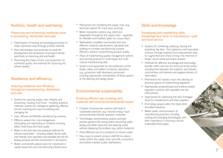 Nutrition, health and well-being
Preserving and enhancing nutritional value
in processing, distribution and sale
• Optimisation of existing and emerging processes to
retain nutritional value through product shelf-life
• New technologies and processes to assist the
development and production of products aimed
specifically at improving diet and health
• Minimising the impact of low cost production on
nutritional quality, and methods for improving this
where needed
Resilience and efficiency
Assuring resilience and efficiency
throughout manufacturing, distribution
and sale
• Systems for assuring supply chain integrity and
preventing / tackling food fraud - including analytical
methods, systems for intelligence gathering, effective
horizon scanning and ways of assessing and
managing risk
• Lean, efficient and flexible manufacturing practices
• Effective systems for crisis management -
anticipating and responding to incidents involving
safety, food fraud and food quality
• Better in-line and near-line analytical methods for
relevant parameters - including reliable, factory-safe,
user-friendly (non-specialist) and portable test kits for
testing products and the environment in the factory
• Better cost-benefit analysis tools for investment in
capital equipment and manufacturing infrastructure
• Mechanisms for simplifying the supply chain (e.g.
technical support for more local sourcing)
• Better traceability systems (e.g. electronic,
integrated) throughout the supply chain - especially
for blended commodities (palm oil, cocoa, flour)
• Rationalised, simplified, harmonised and cost-
effective customer specifications, standards and
auditing to increase manufacturing business
efficiency without compromising product quality
• Ways of implementing quality management systems
and working practices in multi-lingual and multi-
cultural manufacturing sites
• Systems and equipment for the protection of the
health, safety and welfare of industry operatives
(e.g. production staff, laboratory personnel) -
including appropriate consideration of these aspects
at the planning and design phase
Environmental sustainability
Enabling efficient use of energy and
materials with minimal environmental impact
• Creation of production systems with built-in
‘sustainable practices’ (e.g. reduced energy input,
environmentally-friendly sanitation methods)
• Technologies, benchmarking systems and best
practice guidance for saving and/or recovering water,
energy and other resources and reducing waste,
without displacing the problem (e.g. carbon footprint)
• More effective use of co-products to reduce waste
• New ways to extend product shelf-life to reduce
waste (within the supply chain and with consumers)
and extend markets (wider distribution)
Skills and knowledge
Developing and maintaining skills,
knowledge and ‘tools’ in manufacture, retail
and food service
• Systems for combining, analysing, sharing and
exploiting ‘big data’ - from genomics and associated
sciences, through analytical and measurement data,
to ‘augmented and virtual sensing’, the ‘Internet of
things’, social media and brand analyses
• Methods for effective knowledge and technology
transfer within and into the food and drinks sector -
including links between the academic and industry
communities, and tailored and targeted delivery of
information
• Mechanisms for industry input into advising on
practical aspects of implementing legislation
• Appropriate, proportionate and evidence-based
regulatory controls with equitable and just
enforcement
• Approaches for addressing the skills shortages
faced by manufacturers and their suppliers
• Promoting careers within the food, drink
and allied industries
• Better public communication of
manufacturing practices, including
existing and emerging technologies, and
their importance in ensuring a secure,
sustainable food supply
7
InnovationFdSupply_2015jls6100_Layout 1 17/12/2014 11:13 Page 7
 
