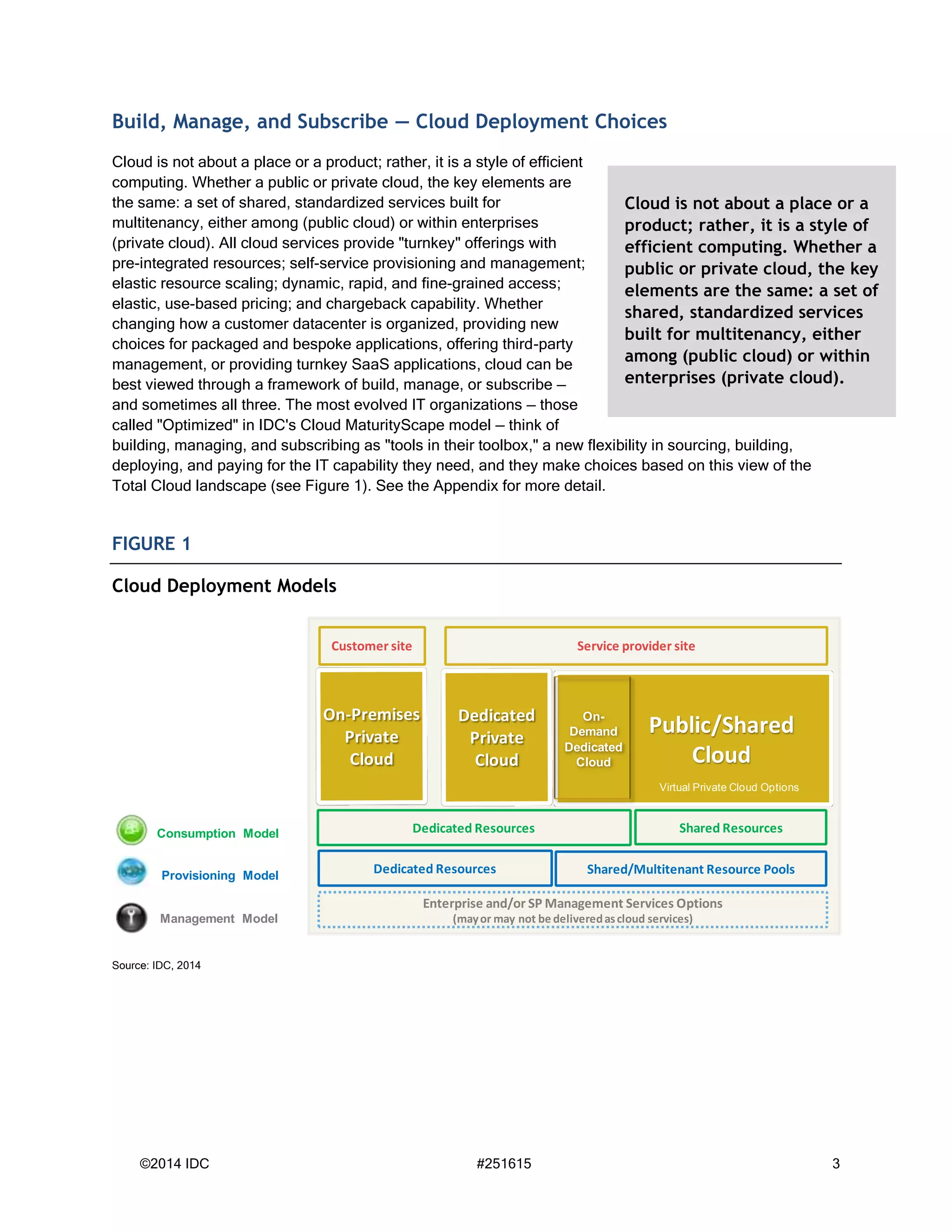 ©2014 IDC #251615 3
Build, Manage, and Subscribe — Cloud Deployment Choices
Cloud is not about a place or a product; rather, it is a style of efficient
computing. Whether a public or private cloud, the key elements are
the same: a set of shared, standardized services built for
multitenancy, either among (public cloud) or within enterprises
(private cloud). All cloud services provide "turnkey" offerings with
pre-integrated resources; self-service provisioning and management;
elastic resource scaling; dynamic, rapid, and fine-grained access;
elastic, use-based pricing; and chargeback capability. Whether
changing how a customer datacenter is organized, providing new
choices for packaged and bespoke applications, offering third-party
management, or providing turnkey SaaS applications, cloud can be
best viewed through a framework of build, manage, or subscribe —
and sometimes all three. The most evolved IT organizations — those
called "Optimized" in IDC's Cloud MaturityScape model — think of
building, managing, and subscribing as "tools in their toolbox," a new flexibility in sourcing, building,
deploying, and paying for the IT capability they need, and they make choices based on this view of the
Total Cloud landscape (see Figure 1). See the Appendix for more detail.
FIGURE 1
Cloud Deployment Models
Source: IDC, 2014
Dedicated Resources Shared/Multitenant Resource Pools
Customer site Service provider site
Public/Shared
Cloud
Enterprise and/or SP Management Services Options
(mayor may not be deliveredascloud services)
Shared ResourcesDedicated Resources
On-
Demand
Dedicated
Cloud
Virtual Private Cloud Options
Provisioning Model
Management Model
Consumption Model
Cloud is not about a place or a
product; rather, it is a style of
efficient computing. Whether a
public or private cloud, the key
elements are the same: a set of
shared, standardized services
built for multitenancy, either
among (public cloud) or within
enterprises (private cloud).
 