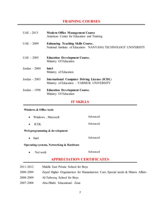 7
TRAINING COURSES
IT SKILLS
Windows & Office tools
 Windows , Microsoft Advanced
 ICDL Advanced
Web programming & development
 Intel Advanced
Operating systems, Networking & Hardware
 Net work Advanced
APPRECIATION CERTIFICATES
Middle East Private School for Boys2011-2012
Zayed Higher Organization for Humanitarian Care, Special needs & Minors Affairs2008-2009
Al-Tafwooq School for Boys2008-2009
Abu-Dhabi Educational Zone2007-2008
UAE - 2013 Modern Office Management Course
American Center for Education and Training
UAE – 2009 Enhancing Teaching Skills Course.
National Institute of Education- NANYANG TECHNOLOGY UNIVERSITY
UAE – 2005 Education Development Course.
Ministry Of Education
Jordan – 2004 Intel
Ministry of Education
Jordan – 2003 International Computer Driving License (ICDL)
Ministry of Education – YARMUK UNIVERSITY
Jordan – 1998 Education Development Course.
Ministry Of Education
 