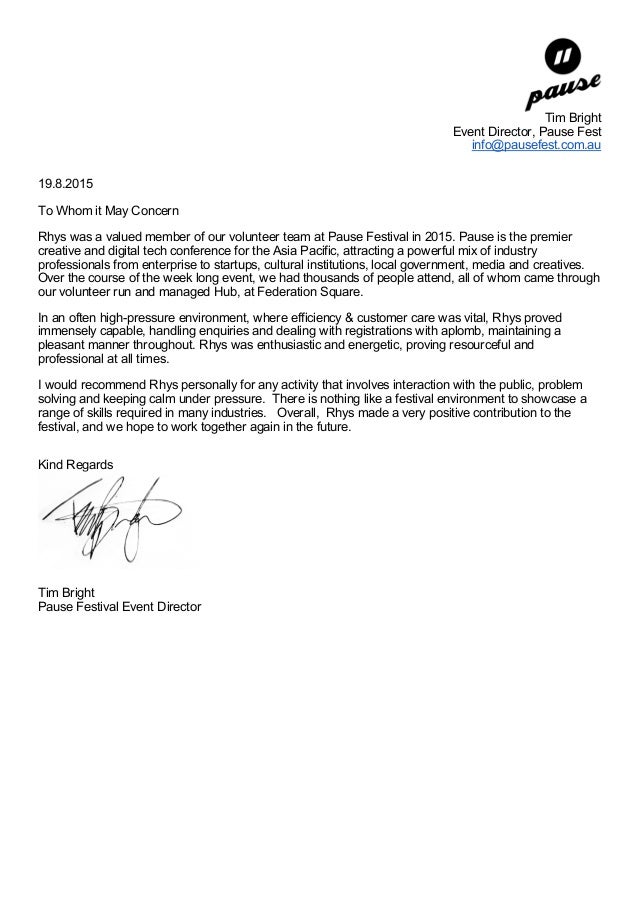pause festival recommendation letter for volunteers tim volunteer reference letter