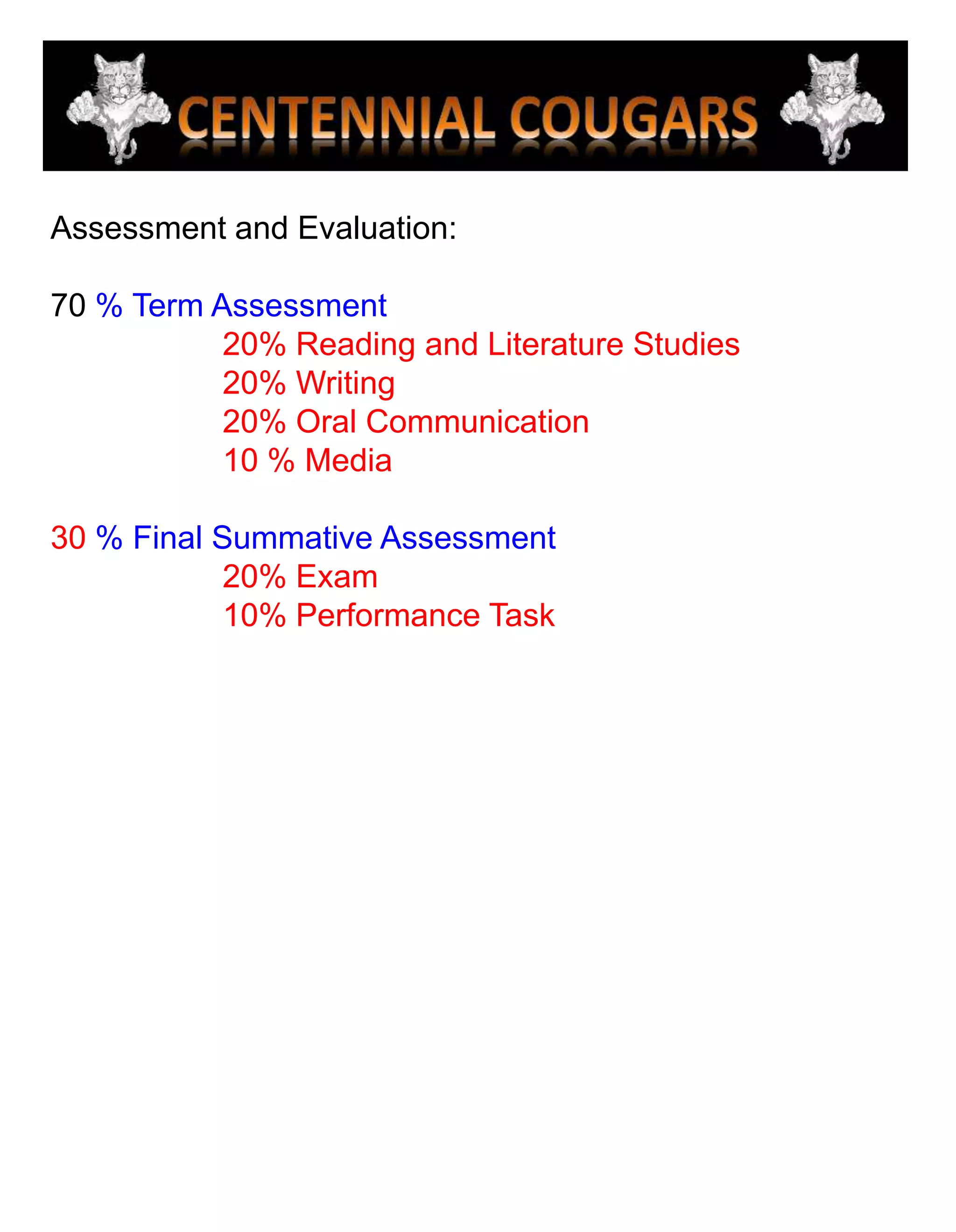 Assessment and Evaluation:70 % Term Assessment20% Reading and Literature Studies		20% Writing		20% Oral Communication		10 % Media30 % Final Summative Assessment20% Exam		10% Performance Task