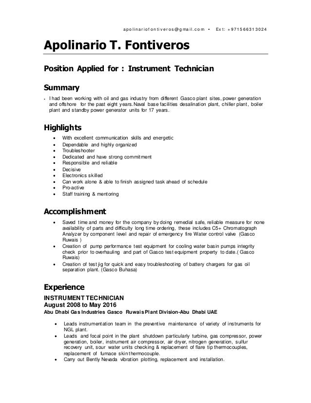 resume instrument technician melo in tandem co