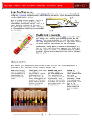 Teacher’s Materials: WSS In-School Ensembles: Woodwind Family 2016 - 2017
6
Single Reed Instruments
Single reed instruments are comprised of the clarinet and, while it is not a component of the woodwind
quintet, the saxophone. These instruments operate a single reed which is aligned with a mouthpiece by a
round metal part called a ligature.
When air is blown properly it travels (1) on top of
the reed, then (2) underneath the reed. This
back‐and‐forth movement of the reed causes air to
vibrate within the mouthpiece. It then moves
through the body of the clarinet where it forms an
air column which the player can control using keys
and tone holes.
Double Reed Instruments
Double reed instruments consist of the oboe, its cousin the English
horn (which is not a member of the woodwind quintet), and the
bassoon. These instruments all use two reeds that vibrate against
each other in order to create sound. In fact, it is possible to remove
the double reed from the instrument and play it on its own!
Vibrations on a double reed occur somewhat differently than on a
flute or a single reed instrument. Air is pushed into a double reed;
the reeds separate and permit air to come between them, and then
come back together, creating a vibration and a sound as they swap
back and forth.
Musical Terms:
When learning about the Woodwind family, you will hear the musicians use a variety of new words or
familiar words which may have a different meaning! Here are a few:
Reed: A thin piece of
wood or plastic which
vibrates when wind is
blown through the
instrument to create
sound.
Single Reed: Single reeds
are used on the
mouthpieces of clarinets
and saxophones. The
back of the reed is flat
and is placed against the
mouthpiece. When air is
blown between the reed
and the mouth piece,
sound is created.
Double Reed: Double
reeds are used on
the oboe and bassoon.
They are typically not
used in conjunction with
a mouthpiece; rather
when air is blown into the
instrument, the two reeds
vibrate against each other
to create sound.
Timbre: An
instrument’s unique
sound, different from
every other
instrument. An
instrument’s timbre
is simply its unique
musical voice; it’s the
same as the
difference between
your voice and the
voice of someone
else.
 