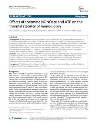 Bassam et al. BMC Biophysics 2012, 5:16
http://www.biomedcentral.com/2046-1682/5/16
RESEARCH ARTICLE Open Access
Eﬀects of spermine NONOate and ATP on the
thermal stability of hemoglobin
Rasha Bassam1*, Juergen Hescheler2, Ayseguel Temiz-Artmann1, Gerhard M Artmann1 and Ilya Digel1
Abstract
Background: Minor changes in protein structure induced by small organic and inorganic molecules can result in
signiﬁcant metabolic eﬀects. The eﬀects can be even more profound if the molecular players are chemically active
and present in the cell in considerable amounts. The aim of our study was to investigate eﬀects of a nitric oxide donor
(spermine NONOate), ATP and sodium/potassium environment on the dynamics of thermal unfolding of human
hemoglobin (Hb). The eﬀect of these molecules was examined by means of circular dichroism spectrometry (CD) in
the temperature range between 25°C and 70°C. The alpha-helical content of buﬀered hemoglobin samples (0.1
mg/ml) was estimated via ellipticity change measurements at a heating rate of 1°C/min.
Results: Major results were: 1) spermine NONOate persistently decreased the hemoglobin unfolding temperature Tu
irrespectively of the Na+/K+ environment, 2) ATP instead increased the unfolding temperature by 3°C in both
sodium-based and potassium-based buﬀers and 3) mutual eﬀects of ATP and NO were strongly inﬂuenced by
particular buﬀer ionic compositions. Moreover, the presence of potassium facilitated a partial unfolding of
alpha-helical structures even at room temperature.
Conclusion: The obtained data might shed more light on molecular mechanisms and biophysics involved in the
regulation of protein activity by small solutes in the cell.
Background
One intrinsic property of a protein is its ability to adopt
and maintain a certain range of characteristic shapes
within a given scope of temperature, pH, pressure, etc.
Mostly, these structural features are vitally important for
the protein’s functioning. Therefore, ability of some low-
molecular weight compounds to shift a protein’s confor-
mational equilibrium by binding proteins is used by cells
to orchestrate virtually all aspects of their life and even
death. Today, numerous cellular signaling pathways are
known, involving small molecules as key mediators, reg-
ulators and messengers but the very intimate structural
aspects of signaling interactions remain mostly undiscov-
ered. Some very interesting studies were recently reported
by [1] but the progress in this direction is rather slow
because of technical and experimental diﬃculties (the
events of interest occur at single-molecular level and have
*Correspondence: bassam@fh-aachen.de
1Institute of Bioengineering (IFB), Aachen University of Applied Sciences,
52428 Juelich, Germany
Full list of author information is available at the end of the article
very short durations) and also because of certain disregard
from cellular biologists.
A few years ago we reported for the ﬁrst time a
temperature-driven structural transition in mammalian
hemoglobins (Hb) that was closely related to the organ-
ism’s body temperature [2-6]. Those data were collected
using various techniques: micropipette aspiration [7], CD
spectroscopy [2], quasi-elastic light scattering [4] as well
as NMR spectroscopy and colloid-osmotic pressure mea-
surements [3]. The phenomenon of hemoglobin’s struc-
ture transition was later conﬁrmed by partnering research
groups using neutron scattering [8,9]. We also addressed
potential modulating roles of the chemical environment,
especially pH and Ca2+ concentration, in the manifesta-
tion of the discovered eﬀect [5].
Nitric oxide (NO) has long been known to play impor-
tant roles in physiology, pathology and pharmacology,
being involved in numerous biological processes [10].
Evidence is growing concerning multiple chemical mech-
anisms of nitric oxide interaction with proteins. They
© 2012 Bassam et al.; licensee BioMed Central Ltd. This is an Open Access article distributed under the terms of the Creative
Commons Attribution License (http://creativecommons.org/licenses/by/2.0), which permits unrestricted use, distribution, and
reproduction in any medium, provided the original work is properly cited.
 