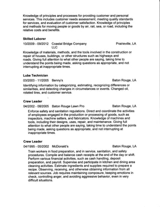 Knowledge of principles and processes for providing customer and personal
services. This includes customer needs assessment, meeting quality standards
for services, and evaluation of customer satisfaction. Knowledge of principles
and methods for moving people or goods by air, rail, sea, otr road, including the
relative costs and benefits.
Skilled Laborer
10n009 -AglzBfi Coastal Bridge Company
LLC
Prairieville, LA
Knowledge of materials, methods, and the tools involved in the construction or
repair of houses, buildings, or other structures such as highways and
roads. Giving fullattention to what other people are saying, taking time to
understand the points being made, asking questions as appropriate, and not
intenupting at inappropriate times.
Lube Technician
03/2003 - 11DAO5 Benny's Baton Rouge, LA
ldentifying information by categorizing, estimating, recognizing differences or
similarities, and detecting changes in circumstances or events. Ghanged oil,
rotated tires, and customer service.
Grew Leader
CF,12002 - 08/2005 Baton Rouge Lawn Pro Baton Rouge, l-A
Enforce safety and sanitation regulations. Direct and coordinate the activities
of employee$ engaged in the production or processing of goods, such as
inspectors, machine setters, and fabricators. Knowledge of machines aild
tools, including their designs, uses, repair, and maintenance. Giving full
attention to what other people are saying, taking time to understand the points
being made, asking questions as appropriate, and not interrupting at
inappropriate times.
Crew Leader
04/1995 - 05l20AZ McDonald's Baton Rouge, LA
Train workers in food preparation, and in service, sanitation, and safety
procedures. Compile and balance cash receipts at the end of the day or shift.
Perform various financial activities, such as cash handling, deposit
preparation, and payroll. Supervise and participate in kitchen and dining area
cleaning activities. Estimate ingredients and supplies required to prepare a
recipe. Observing, receiving, and otherwise obtaining information from all
relevant sources. Job requires rnaintaining composure, keeping emotions in
check, controlling anger, and avoiding aggressive behavior, even in very
difficult situations"
 