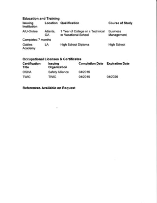 Education and Training
lssuing Location Qualification Couree of Study
lnstitntion
AIU-Online Atlanta, 1 Year of College or a Technical Business
GA or Vocational School Management
Completed 7 months
Gables lA High School Diploma High School
Academy
Occupational Licenses & Certificates
Certification lssuing Completion Date Expiration Date
Title Organization
OSHA Safety Alliance A4D016
TW|C TW|C A4/2O1$ M,12020
References Available on Request
 