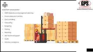 • PARTS Operations & Management planning
• Ensure adequate inventory
• Cost controlling
• Forecasting
• Budgeting
• Training
• Reporting
• 24/7 Technical Support
• Audits
• Statutory compliance
INVENTORY MANAGEMENT
 