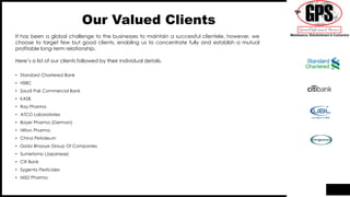 Our Valued Clients
It has been a global challenge to the businesses to maintain a successful clientele, however, we
choose to target few but good clients, enabling us to concentrate fully and establish a mutual
profitable long-term relationship.
Here’s a list of our clients followed by their individual details.
• Standard Chartered Bank
• HSBC
• Saudi Pak Commercial Bank
• KASB
• Ray Pharma
• ATCO Laboratories
• Bayer Pharma (German)
• Hilton Pharma
• China Petroleum
• Dada Bhaoye Group Of Companies
• Sumetomo (Japanese)
• Citi Bank
• Sygenta Pesticides
• MSD Pharma
 