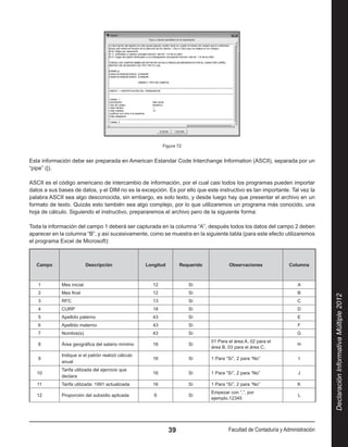 Figura 72


Esta información debe ser preparada en American Estandar Code Interchange Information (ASCII), separada por un
“pipe” (|).

ASCII es el código americano de intercambio de información, por el cual casi todos los programas pueden importar
datos a sus bases de datos, y el DIM no es la excepción. Es por ello que este instructivo es tan importante. Tal vez la
palabra ASCII sea algo desconocida, sin embargo, es solo texto, y desde luego hay que presentar el archivo en un
formato de texto. Quizás esto también sea algo complejo, por lo que utilizaremos un programa más conocido, una
hoja de cálculo. Siguiendo el instructivo, prepararemos el archivo pero de la siguiente forma:

Toda la información del campo 1 deberá ser capturada en la columna “A”, después todos los datos del campo 2 deben
aparecer en la columna “B”, y así sucesivamente, como se muestra en la siguiente tabla (para este efecto utilizaremos
el programa Excel de Microsoft):



   Campo                   Descripción              Longitud        Requerido           Observaciones              Columna



   1         Mes inicial                              12               Sí                                              A
   2         Mes final                                12               Sí                                              B




                                                                                                                                  Declaración Informativa Múltiple 2012
   3         RFC                                      13               Sí                                              C
   4         CURP                                     18               Sí                                              D
   5         Apellido paterno                         43               Sí                                              E
   6         Apellido materno                         43               Sí                                              F
   7         Nombre(s)                                43               Sí                                              G
                                                                                01 Para el área A, 02 para el
   8         Área geográfica del salario mínimo       16               Sí                                              H
                                                                                área B, 03 para el área C,
             Indique si el patrón realizó cálculo
   9                                                  16               Sí       1 Para “Sí”, 2 para “No”               I
             anual
             Tarifa utilizada del ejercicio que
   10                                                 16               Sí       1 Para “Sí”, 2 para “No”               J
             declara
   11        Tarifa utilizada: 1991 actualizada       16               Sí       1 Para “Sí”, 2 para “No”               K
                                                                                Empezar con “,”, por
   12        Proporción del subsidio aplicada          6               Sí                                              L
                                                                                ejemplo,12345




                                                               39                       Facultad de Contaduría y Administración
 