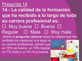 Pregunta 14
14.- La calidad de la formación
que ha recibido a lo largo de toda
su carrera profesional es:
 Muy buena  Buena 
Regular  Mala  Muy mala
-Sobre la pregunta catorce sobre la calidad que han
recibido los maestros/ a lo largo de
su carrera profesional, opinan que
un 70% es buena, un 19% regular,
un 7% mala y un 4% muy buena.
 