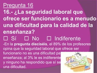 Pregunta 16
16.- ¿La seguridad laboral que
ofrece ser funcionario es a menudo
una dificultad para la calidad de la
enseñanza?
 Sí  No  Indiferente
-En la pregunta dieciséis, el 89% de los profesores
opina que la seguridad laboral que ofrece ser
funcionario no es una dificultad para la calidad de la
enseñanza; al 3% le es indiferente
y ninguno ha respondido que sí sea
una dificultad.
 