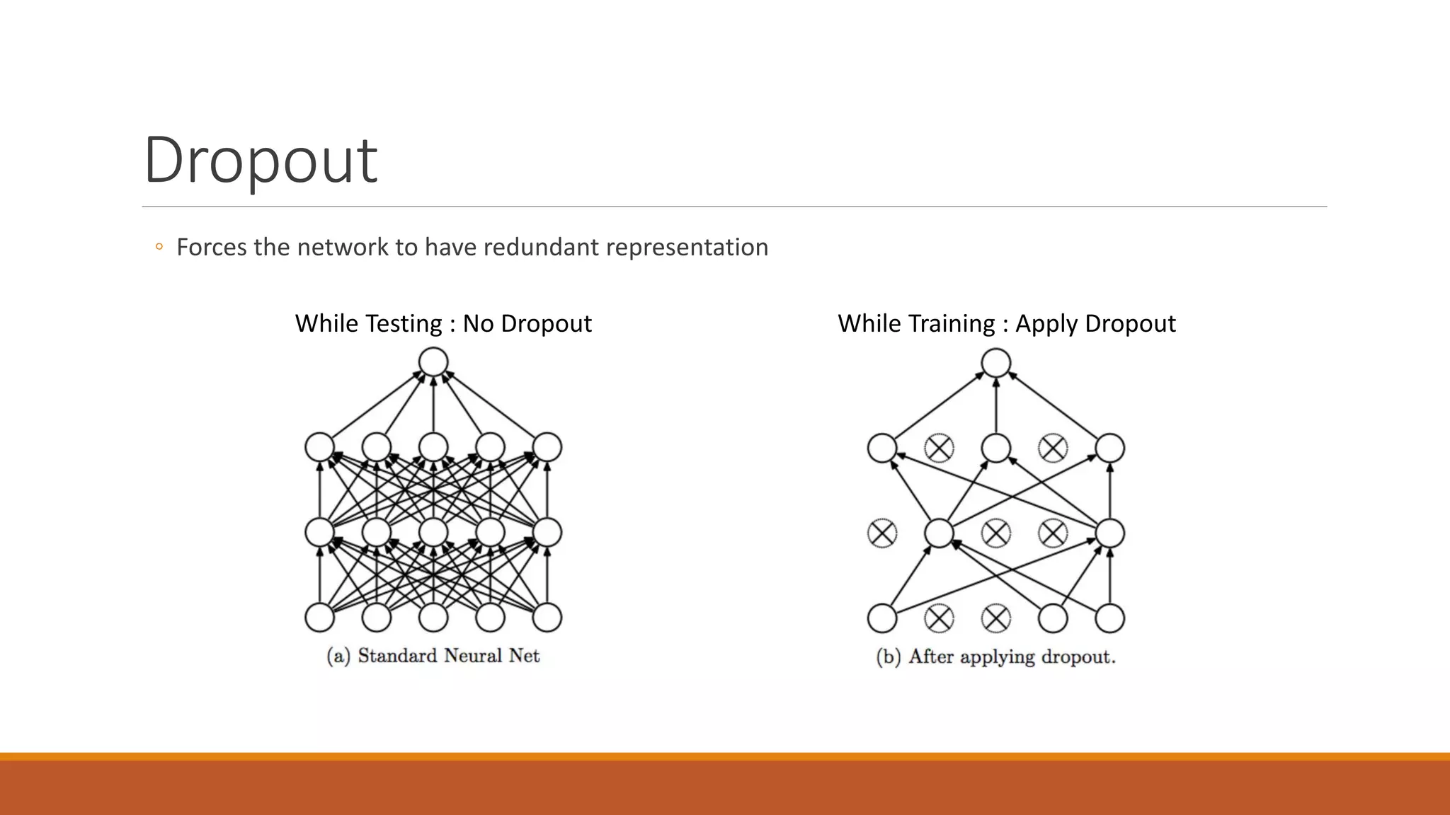 Dropout
◦ Forces the network to have redundant representation
While Testing : No Dropout While Training : Apply Dropout
 