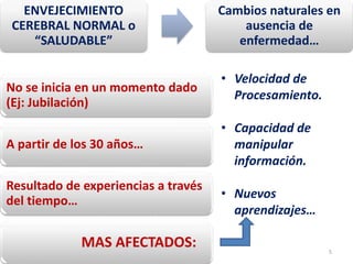 5
ENVEJECIMIENTO
CEREBRAL NORMAL o
“SALUDABLE”
Cambios naturales en
ausencia de
enfermedad…
No se inicia en un momento dado
(Ej: Jubilación)
A partir de los 30 años…
Resultado de experiencias a través
del tiempo…
MAS AFECTADOS:
• Velocidad de
Procesamiento.
• Capacidad de
manipular
información.
• Nuevos
aprendizajes…
 
