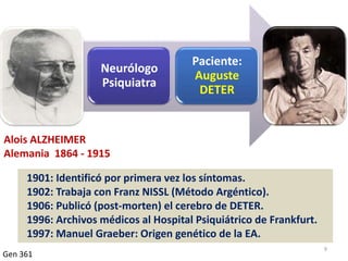 Neurólogo
Psiquiatra
Paciente:
Auguste
DETER
Gen 361
Alois ALZHEIMER
Alemania 1864 - 1915
9
1901: Identificó por primera vez los síntomas.
1902: Trabaja con Franz NISSL (Método Argéntico).
1906: Publicó (post-morten) el cerebro de DETER.
1996: Archivos médicos al Hospital Psiquiátrico de Frankfurt.
1997: Manuel Graeber: Origen genético de la EA.
 