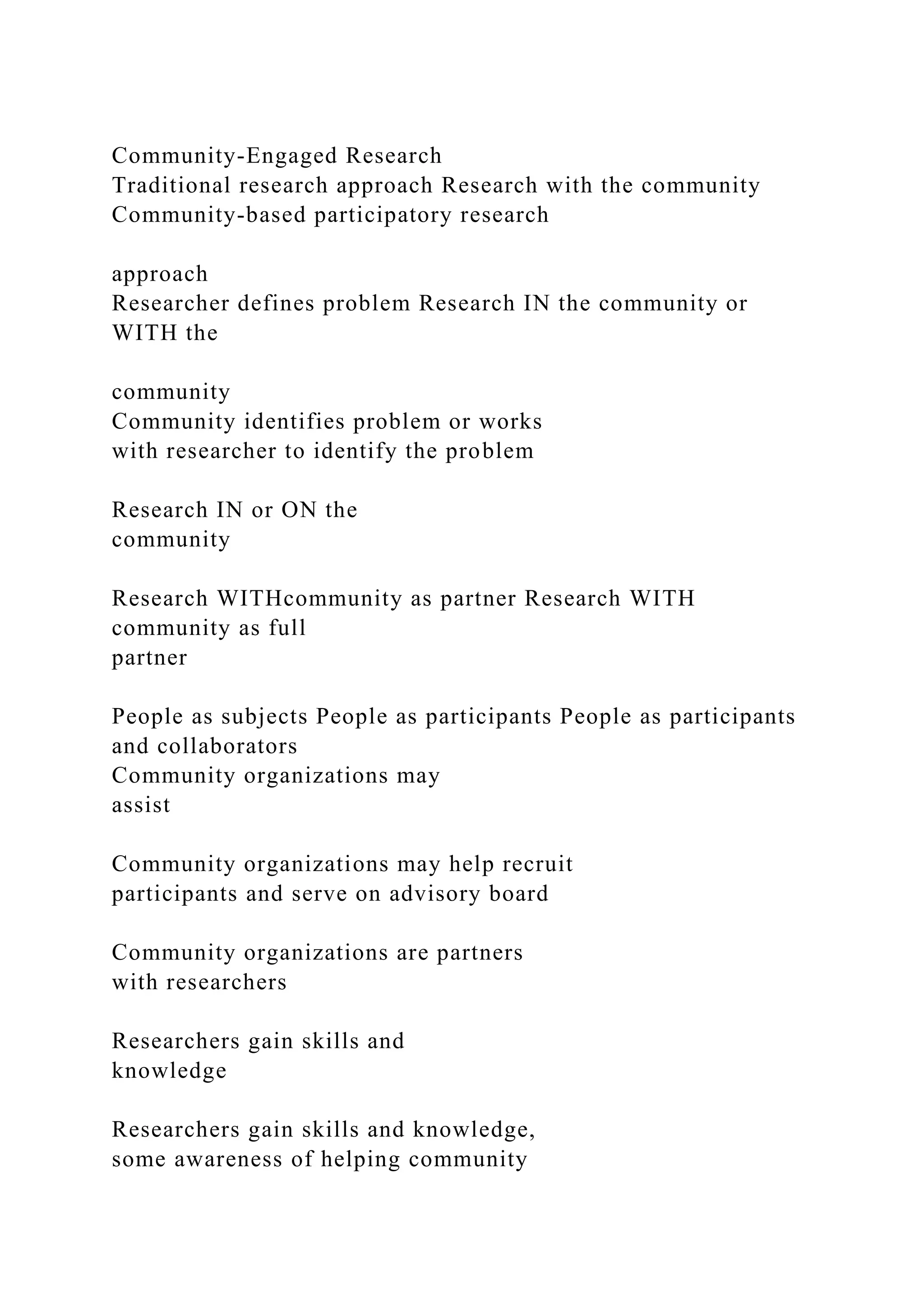 Community-Engaged Research
Traditional research approach Research with the community
Community-based participatory research
approach
Researcher defines problem Research IN the community or
WITH the
community
Community identifies problem or works
with researcher to identify the problem
Research IN or ON the
community
Research WITHcommunity as partner Research WITH
community as full
partner
People as subjects People as participants People as participants
and collaborators
Community organizations may
assist
Community organizations may help recruit
participants and serve on advisory board
Community organizations are partners
with researchers
Researchers gain skills and
knowledge
Researchers gain skills and knowledge,
some awareness of helping community
 