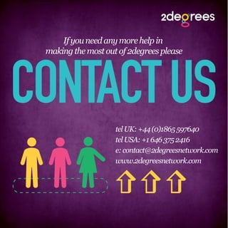 If you need any more help in
 making the most out of 2degrees please




CONTACT US          tel UK: +44 (0)1865 597640
                    tel USA: +1 646 375 2416
                    e: contact@2degreesnetwork.com
                    www.2degreesnetwork.com
                  
                  
                  
 