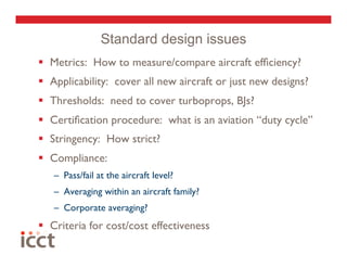 Standard design issues
  Metrics: How to measure/compare aircraft efﬁciency?
  Applicability: cover all new aircraft or just new designs?
  Thresholds: need to cover turboprops, BJs? 
  Certiﬁcation procedure: what is an aviation “duty cycle”
  Stringency: How strict?
  Compliance: 
   –  Pass/fail at the aircraft level? 
   –  Averaging within an aircraft family? 
   –  Corporate averaging? 
  Criteria for cost/cost effectiveness
 