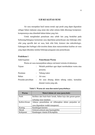 UJI KUALITAS SUSU
Air susu merupakan hasil utama ternak sapi perah yang dapat digunakan
sebagai bahan makanan yang aman dan sehat selama tidak dikurangi komponen-
komponennya atau ditambah bahan-bahan yang lain.
Untuk menghindari pemalsuan atau sebab lain yang berakibat pada
berkurang/hilangnya kemurnian susu diperlukan pemeriksaan atas beberapa sifat-
sifat yang spesifik dari air susu, baik sifat fisik, kimiawi dan mikrobiologis.
Gabungan dari berbagai sifat tersebut diatas akan mencerminkan kualitas air susu
yang dapat diketahui melalui beberapa pengujian atau pemeriksaan.
Praktikum 1
Judul kegiatan : Pemeriksaan Warna
Warna air susu menunjukkan adanya zat/materi tertentu di dalamnya.
Tujuan : Melatih praktikan agar dapat membedakan warna atau
pewarna.
Peralatan : Tabung reaksi
Bahan : Air susu
Prosedur percobaan : Air susu dituang dalam tabung reaksi, kemudian
diamati warna yang ada.
Tabel 1. Warna air susu dan materi penyebabnya
Warna Materi dalam air susu (penyebab)
Putih Refleksi dari butir-butir lemak, bahan keju dan garam-garam
terhadap sinar matahari.
Kebiru-biruan Adanya penambahan air (diharapkan dalam penjualan air
susu digunakan wadah transparan)
Kuning Kandungan karoten
Merah Eritrosit-eritrosit atau haemoglobin
Kehijauan Kandungan vitamin B Kompleks
6
 