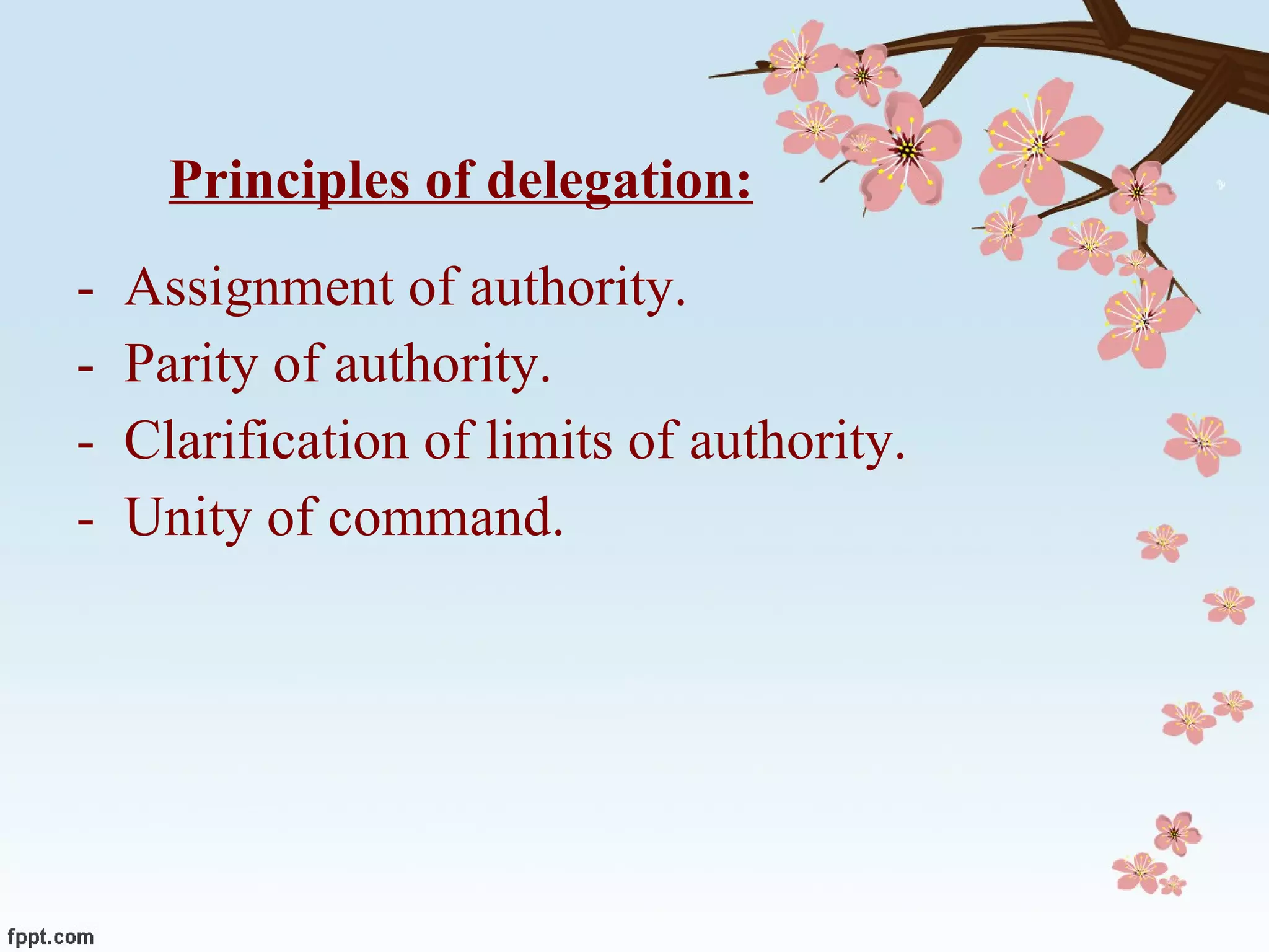 Principles of delegation: Assignment of authority. Parity of authority. Clarification of limits of authority. Unity of command. 