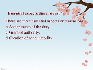 Essential aspects/dimensions: There are three essential aspects or dimensions  Assignments of the duty. Grant of authority. Creation of accountability.  