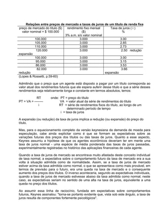 Relaçöes entre preços de mercado e taxas de juros de um título de renda fixa
preço de mercado do título ($)
rendimento fixo mensal
Taxa de juros ( i )
valor nominal = $ 100.000
($)
%
3% a.m. s/o valor nominal
100.000
3.000
3.00
105.000
3.000
2.85
110.000
3.000
2.73
120.000
3.000
2.50 redução
expansão
100.000
3.000
3.00
95.000
3.000
3.15
86.000
3.000
3.53
82.000
3.000
3.66
redução
expansão
(Lopes & Rossetti, p.59-60)
Admitindo que o preço que um agente está disposto a pagar por um título corresponda ao
valor atual dos rendimentos futuros que ele espera auferir desse título e que a série desses
rendimentos seja relativamente longa e constante em termos absolutos, temos:
RT
PT = VA = -------i

onde: PT = preço do título
VA = valor atual da série de rendimentos do título
RT = série de rendimentos fixos do título, ao longo de um
determinado período de tempo
i = taxa de juros

A expansäo (ou reduçäo) da taxa de juros implica a reduçäo (ou expansäo) do preço do
título.
Mas, para o equacionamento completo da versäo keynesiana da demanda de moeda para
especulaçäo, cabe ainda explicitar como é que se formam as expectativas sobre as
variações futuras dos preços dos títulos ou das taxas de juros. Quanto a esse aspecto,
Keynes assumiu a hipótese de que os agentes econômicos deveriam ter em mente uma
taxa de juros normal - uma espécie de média ponderada das taxas de juros passadas,
experimentalmente registradas no histórico das aplicaçöes financeiras de cada agente.
Quando a taxa de juros de mercado se encontrava muito afastada deste conceito individual
de taxa normal, a expectativa sobre o comportamento futuro da taxa de mercado era a sua
volta à situação admitida como de normalidade. Assim, se a taxa de juros de mercado
estiver acima da taxa admitida como normal, o que se apresentava como mais provável, em
termos de previsäo para o futuro, era uma queda na taxa de mercado e o consequente
aumento dos preços dos títulos. O inverso aconteceria, segundo as expectativas individuais,
quando a taxa de juros de mercado estivesse abaixo da taxa admitida como normal; neste
caso, as expectativas seriam no sentido de uma alta na taxa de juros, equivalente a uma
queda no preço dos títulos.
Ao assumir essa linha de raciocínio, fundada em expectativas sobre comportamentos
futuros, Keynes assinalou: "torna-se portanto evidente que, vista sob este ângulo, a taxa de
juros resulta de componentes fortemente psicológicos".

 