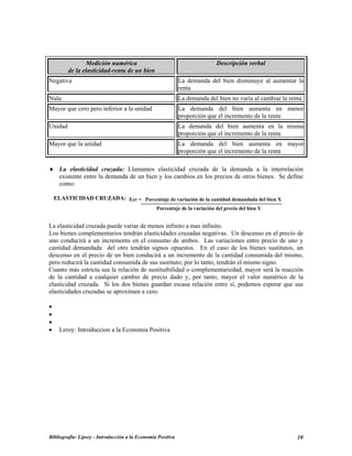 Medición numérica
de la elasticidad-renta de un bien
Descripción verbal
Negativa La demanda del bien disminuye al aumentar la
renta
Nula La demanda del bien no varía al cambiar la renta
Mayor que cero pero inferior a la unidad La demanda del bien aumenta en menor
proporción que el incremento de la renta
Unidad La demanda del bien aumenta en la misma
proporción que el incremento de la renta
Mayor que la unidad La demanda del bien aumenta en mayor
proporción que el incremento de la renta
♦ La elasticidad cruzada: Llamamos elasticidad cruzada de la demanda a la interrelación
existente entre la demanda de un bien y los cambios en los precios de otros bienes. Se define
como:
ELASTICIDAD CRUZADA: Ecr = Porcentaje de variación de la cantidad demandada del bien X
Porcentaje de la variación del precio del bien Y
La elasticidad cruzada puede variar de menos infinito a mas infinito.
Los bienes complementarios tendrán elasticidades cruzadas negativas. Un descenso en el precio de
uno conducirá a un incremento en el consumo de ambos. Las variaciones entre precio de uno y
cantidad demandada del otro tendrán signos opuestos. En el caso de los bienes sustitutos, un
descenso en el precio de un bien conducirá a un incremento de la cantidad consumida del mismo,
pero reducirá la cantidad consumida de sus sustituto; por lo tanto, tendrán el mismo signo.
Cuanto más estricta sea la relación de sustituibilidad o complementariedad, mayor será la reacción
de la cantidad a cualquier cambio de precio dado y, por tanto, mayor el valor numérico de la
elasticidad cruzada. Si los dos bienes guardan escasa relación entre sí, podemos esperar que sus
elasticidades cruzadas se aproximen a cero.
•
•
•
• Leroy: Introduccion a la Economia Positiva
Bibliografía: Lipsey - Introducción a la Economía Positiva 10
 