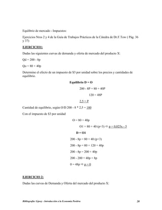 Equlibrio de mercado - Impuestos:
Ejercicios Nros 2 y 4 de la Guía de Trabajos Prácticos de la Cátedra de Dr.F.Tow ( Pág. 36
y 37)
EJERCICIO1:
Dadas las siguientes curvas de demanda y oferta de mercado del producto X:
Qd = 200 - 8p
Qo = 80 + 40p
Determine el efecto de un impuesto de $3 por unidad sobre los precios y cantidades de
equilibrio.
Equilibrio D = O
200 - 8P = 80 + 40P
120 = 48P
2,5 = P
Cantidad de equilibrio, según O/D 200 - 8 * 2,5 = 180
Con el impuesto de $3 por unidad
O = 80 + 40p
O1 = 80 + 40 (p+3) p = 0,025x - 5
D = O1
200 - 8p = 80 + 40 (p+3)
200 - 8p = 80 + 120 + 40p
200 - 8p = 200 + 40p
200 - 200 = 40p + 8p
0 = 48p p = 0
EJERCICIO 2:
Dadas las curvas de Demanda y Oferta del mercado del producto X:
Bibliografía: Lipsey - Introducción a la Economía Positiva 20
 
