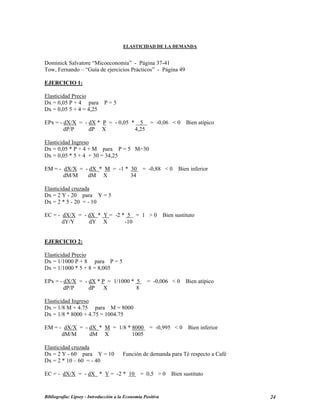 ELASTICIDAD DE LA DEMANDA
Dominick Salvatore “Micoeconomía” - Página 37-41
Tow, Fernando – “Guía de ejercicios Prácticos” - Página 49
EJERCICIO 1:
Elasticidad Precio
Dx = 0,05 P + 4 para P = 5
Dx = 0,05 5 + 4 = 4,25
EPx = - dX/X = - dX * P = - 0,05 * 5 = -0,06 < 0 Bien atípico
dP/P dP X 4,25
Elasticidad Ingreso
Dx = 0,05 * P + 4 + M para P = 5 M=30
Dx = 0,05 * 5 + 4 + 30 = 34,25
EM = - dX/X = - dX * M = -1 * 30 = -0,88 < 0 Bien inferior
dM/M dM X 34
Elasticidad cruzada
Dx = 2 Y - 20 para Y = 5
Dx = 2 * 5 - 20 = - 10
EC = - dX/X = - dX * Y = -2 * 5 = 1 > 0 Bien sustituto
dY/Y dY X -10
EJERCICIO 2:
Elasticidad Precio
Dx = 1/1000 P + 8 para P = 5
Dx = 1/1000 * 5 + 8 = 8,005
EPx = - dX/X = - dX * P = 1/1000 * 5 = -0,006 < 0 Bien atípico
dP/P dP X 8
Elasticidad Ingreso
Dx = 1/8 M + 4.75 para M = 8000
Dx = 1/8 * 8000 + 4.75 = 1004.75
EM = - dX/X = - dX * M = 1/8 * 8000 = -0,995 < 0 Bien inferior
dM/M dM X 1005
Elasticidad cruzada
Dx = 2 Y - 60 para Y = 10 Función de demanda para Té respecto a Café
Dx = 2 * 10 – 60 = - 40
EC = - dX/X = - dX * Y = -2 * 10 = 0,5 > 0 Bien sustituto
Bibliografía: Lipsey - Introducción a la Economía Positiva 24
 