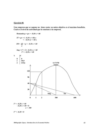 Ejercicio 06
Una empresa que se supone no tiene costo; su unico objetivo es el maximo beneficio.
Cual es el nivel de actividad que le conciene a la empresa.
Demanda p = px = - 0,10 x + 60
IT = px = ( - 0,10 x + 60) x
= - 0,10 x2 + 60 x
IM = IT = p = - 0,10 x + 60
x
Img = I’ = 2 ( - 0,10 ) x + 60
I’ = - 0,20 x + 60
X IT
0 0
1 59,9
2 119,6 $ 17.970
120
90
60
30
Img Im
0 1 2 300 600
I’ = - 0,20 x + 60
- 0,20 x + 60 = 0
x = 300
I’’ = -0,20 < 0
Bibliografía: Lipsey - Introducción a la Economía Positiva 44
 