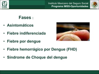 Instituto Mexicano del Seguro Social
Programa IMSS-Oportunidades
Fases :
• Asintomáticos
• Fiebre indiferenciada
• Fiebre por dengue
• Fiebre hemorrágico por Dengue (FHD)
• Síndrome de Choque del dengue
 