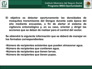 Instituto Mexicano del Seguro Social
Programa IMSS-Oportunidades
El objetivo es detectar oportunamente las densidades de
mosquitos transmisores del Dengue durante cada época del
año mediante encuestas, a fin de alertar el sistema de
vigilancia entomológica y, en su caso, orientar y dirigir las
acciones que se deban de realizar para el control del vector.
Se obtendrá la siguiente información que se deberá de manejar en
los formatos correspondientes:
•Número de recipientes existentes que pueden almacenar agua.
•Número de recipientes que contienen agua.
•Número de recipientes que tienen larvas.
•Número de recipientes que tienen pupas.
 