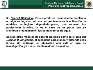 Instituto Mexicano del Seguro Social
Programa IMSS-Oportunidades
3.- Control Biológico.- Este método es comúnmente empleado
en algunos lugares del país, ya que involucra la utilización de
modelos ecológicos depredador-presa, que reducen las
poblaciones larvales, tal es el caso de los peces que se
siembran y mantienen en los contenedores de agua.
Existen otros modelos de control biológico como es el caso del
Bacillus thuringiensis, el cual actúa parasitando y matando a las
larvas, sin embargo, su utilización aún está en fase de
investigación, ya que su efecto residual es mínimo.
 