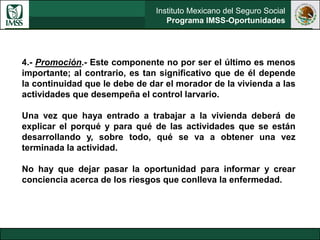 Instituto Mexicano del Seguro Social
Programa IMSS-Oportunidades
4.- Promoción.- Este componente no por ser el último es menos
importante; al contrario, es tan significativo que de él depende
la continuidad que le debe de dar el morador de la vivienda a las
actividades que desempeña el control larvario.
Una vez que haya entrado a trabajar a la vivienda deberá de
explicar el porqué y para qué de las actividades que se están
desarrollando y, sobre todo, qué se va a obtener una vez
terminada la actividad.
No hay que dejar pasar la oportunidad para informar y crear
conciencia acerca de los riesgos que conlleva la enfermedad.
 