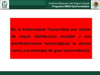Instituto Mexicano del Seguro Social
Programa IMSS-Oportunidades
Es la Enfermedad Transmitida por Vector
de mayor distribución mundial y sus
manifestaciones hemorrágicas la ubican
como una amenaza de gran trascendencia
 