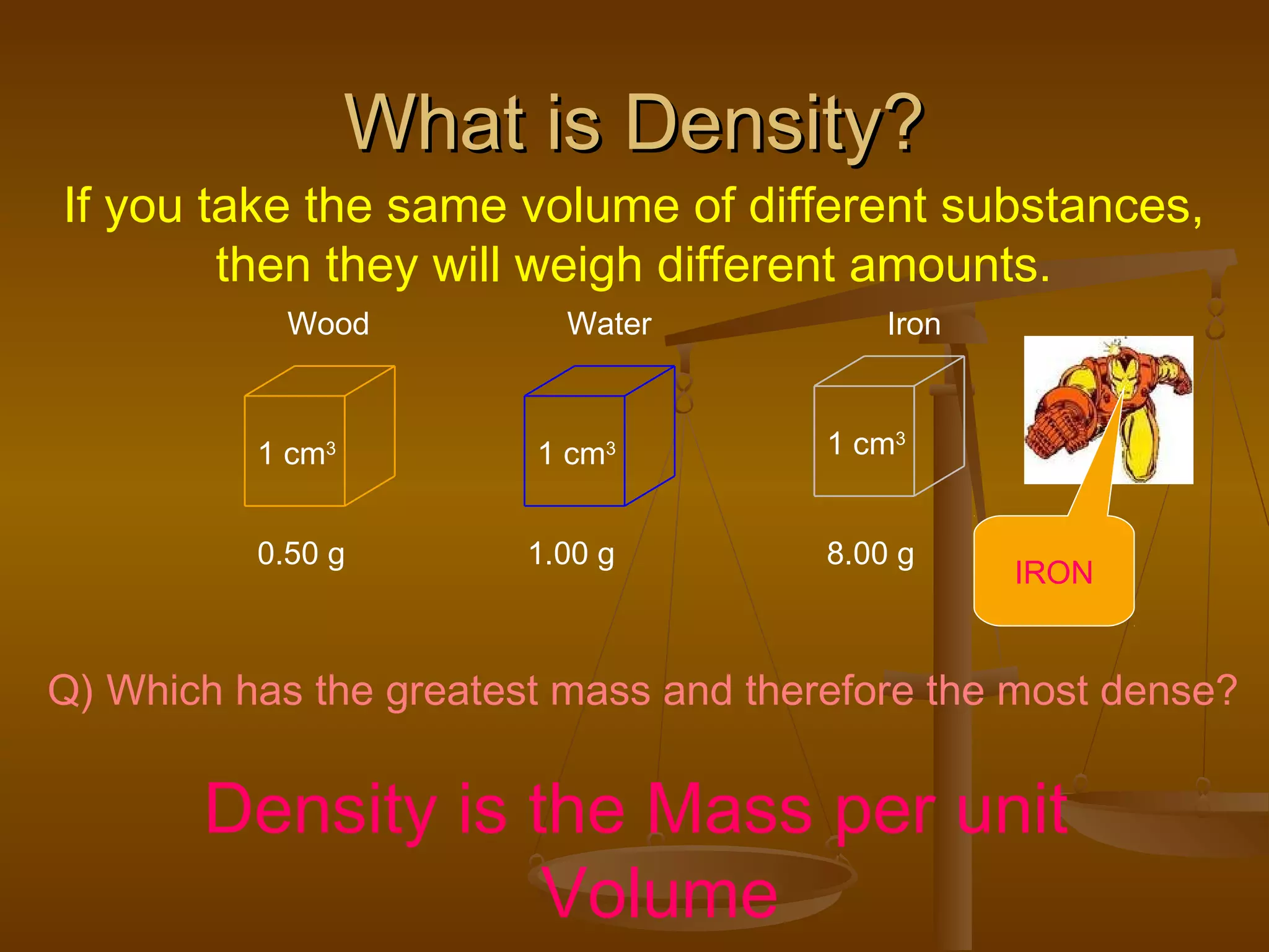What is Density?What is Density?
Density is the Mass per unit
Volume
Wood Water Iron
1 cm3
1 cm3 1 cm3
If you take the same volume of different substances,
then they will weigh different amounts.
0.50 g 1.00 g 8.00 g
Q) Which has the greatest mass and therefore the most dense?
IRON
 