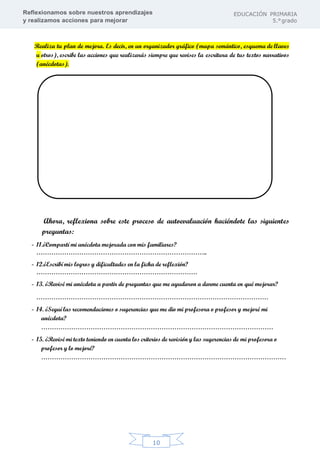 Reflexionamos sobre nuestros aprendizajes
y realizamos acciones para mejorar
EDUCACIÓN PRIMARIA
5.°grado
10
Realiza tu plan de mejora. Es decir, en un organizador gráfico (mapa semántico, esquema de llaves
u otros), escribe las acciones que realizarás siempre que revises la escritura de tus textos narrativos
(anécdotas).
Ahora, reflexiona sobre este proceso de autoevaluación haciéndote las siguientes
preguntas:
- 11.¿Compartí mi anécdota mejorada con mis familiares?
……………………………………………………………………..
- 12.¿Escribí mis logros y dificultades en la ficha de reflexión?
…………………………………………………………………
- 13. ¿Revisé mi anécdota a partir de preguntas que me ayudaron a darme cuenta en qué mejorar?
………………………………………………………………………………………………
- 14. ¿Seguí las recomendaciones o sugerencias que me dio mi profesora o profesor y mejoré mi
anécdota?
………………………………………………………………………………………………
- 15. ¿Revisé mi texto teniendo en cuenta los criterios de revisión y las sugerencias de mi profesora o
profesor y lo mejoré?
……………………………………………………………………………………………………
 