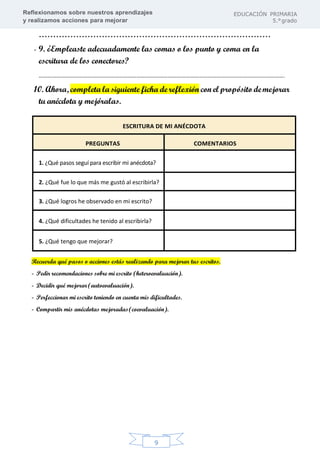 Reflexionamos sobre nuestros aprendizajes
y realizamos acciones para mejorar
EDUCACIÓN PRIMARIA
5.°grado
9
………………………………………………………………………
- 9. ¿Empleaste adecuadamente las comas o los punto y coma en la
escritura de los conectores?
………………………………………………………………………………………………………………………………………………….
10. Ahora, completa la siguiente ficha de reflexión con el propósito demejorar
tu anécdota y mejóralas.
ESCRITURA DE MI ANÉCDOTA
PREGUNTAS COMENTARIOS
1. ¿Qué pasos seguí para escribir mi anécdota?
2. ¿Qué fue lo que más me gustó al escribirla?
3. ¿Qué logros he observado en mi escrito?
4. ¿Qué dificultades he tenido al escribirla?
5. ¿Qué tengo que mejorar?
Recuerda qué pasos o acciones estás realizando para mejorar tus escritos.
- Pedir recomendaciones sobre mi escrito (heteroevaluación).
- Decidir qué mejorar(autoevaluación).
- Perfeccionar mi escrito teniendo en cuenta mis dificultades.
- Compartir mis anécdotas mejoradas(coevaluación).
 