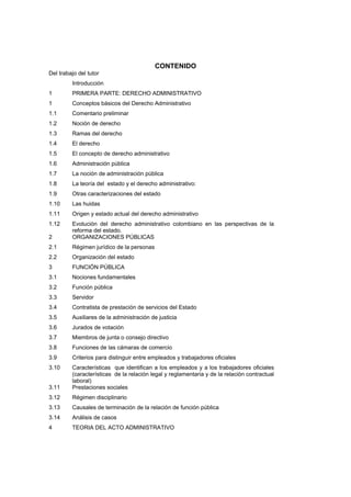 CONTENIDO
Del trabajo del tutor
Introducción
1 PRIMERA PARTE: DERECHO ADMINISTRATIVO
1 Conceptos básicos del Derecho Administrativo
1.1 Comentario preliminar
1.2 Noción de derecho
1.3 Ramas del derecho
1.4 El derecho
1.5 El concepto de derecho administrativo
1.6 Administración pública
1.7 La noción de administración pública
1.8 La teoría del estado y el derecho administrativo:
1.9 Otras caracterizaciones del estado
1.10 Las huidas
1.11 Origen y estado actual del derecho administrativo
1.12 Evolución del derecho administrativo colombiano en las perspectivas de la
reforma del estado.
2 ORGANIZACIONES PÚBLICAS
2.1 Régimen jurídico de la personas
2.2 Organización del estado
3 FUNCIÓN PÚBLICA
3.1 Nociones fundamentales
3.2 Función pública
3.3 Servidor
3.4 Contratista de prestación de servicios del Estado
3.5 Auxiliares de la administración de justicia
3.6 Jurados de votación
3.7 Miembros de junta o consejo directivo
3.8 Funciones de las cámaras de comercio
3.9 Criterios para distinguir entre empleados y trabajadores oficiales
3.10 Características que identifican a los empleados y a los trabajadores oficiales
(características de la relación legal y reglamentaria y de la relación contractual
laboral)
3.11 Prestaciones sociales
3.12 Régimen disciplinario
3.13 Causales de terminación de la relación de función pública
3.14 Análisis de casos
4 TEORIA DEL ACTO ADMINISTRATIVO
 