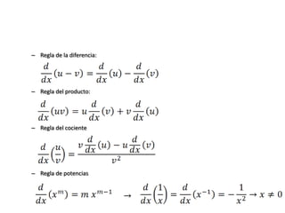 – Regla de la diferencia:




– Regla del producto:




– Regla del cociente




– Regla de potencias
 