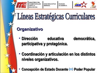 Líneas Estratégicas Curriculares Dirección educativa democrática, participativa y protagónica. Coordinación y articulación en los distintos niveles organizativos. Concepción de Estado Docente  Poder Popular Organizativo 