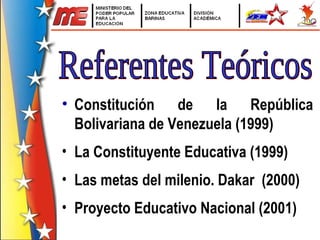 Referentes Teóricos  Constitución de la República Bolivariana de Venezuela (1999) La Constituyente Educativa (1999) Las metas del milenio. Dakar  (2000) Proyecto Educativo Nacional (2001) 