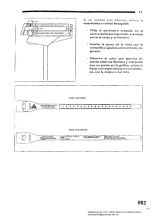 15
Sí no cuenta con báscula, utilice la
nutricinta o cinta braquial:
- Mida el perímetro braquial. en el
centro del brazo izquierdo. a la mitad
entre el codo y el hombro.
- Inserte la punta de la cinta por la
ventanilla y ajústela sobre el brazo sin
apretar.
- Observe el color que aparece en
donde están las flechitas y márquela
con un punto en la gráfica, sobre la
franja correspondiente en coinciden­
cia con la estatura del niño.
VISTA AN:r.ERIOR
VISTA POSTERIOR
062
Digitalizado por: I.S.C. Hèctor Alberto Turrubiartes Cerino
hturrubiartes@beceneslp.edu.mx
 