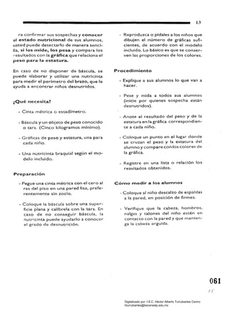 • 	 13 

Ta confirmar sus sospechas y conocer
el estado nutricional de sus alumnos.
us~ed puede de~ectarlo de manera senci­
lla. si los mide, los pesa y compara los
resultados con la gráfica que relaciona el
peso para la estatura.
En caso de no disponer de báscula. se
puede ~Iaborar y uLÍlizar una nuuicinta
para medir el períme~ro del brazo, que le
ayuda a encon~ra, niños desnu~ridos.
¿Qué necesita?
-	 Cin~a mé~rica o estadíme~ro.
- Báscula y un obje~o de peso conocido
o 	tara. (Cinco kilogramos mínimo).
- Gráficas de peso y esta~ura, una para
cada niño.
- Una nU1:ricinta braquial según el m<?­
delo incluido.
Preparación
- Pegue una cinta mé~rica con el cero al
ras del piso en una pared lisa, prefe­
ren~emen1:e sin zoclo.
- Coloque la báscula sobre una super­
ficie plana y calíbrela con la 1:ara. En
caso de no conseguir báscula. la
nut.ricinta puede ayudarlo a conocer
el grado de desnutrición.
- Reproduzca o pídales a los niños que
dibujen el número de gráficas sufi­
cientes, de acuerdo con el modelo
incluido. Lo básico es que se conser­
ven las proporciones de los colores.
Procedimiento
- Explique a sus alumnos lo que van a
hacer.
- Pese y mida a ~odos sus alumnos
(inicie por quienes sospecha están
desnutridos).
- Anote el resultado del peso y de la
esta~ura en la gráfica correspondien­
~e a cada niño.
- Coloque un pun~o en el lugar donde
se cruzan el peso y la estatura del
alumno y compare con los colores de
la gráfica.
_ 	Registre en una lista o relación los
resultados ob~enidos.
Cómo medir a los alumnos
- Coloque al niño descalzo de espaldas
a la pared. en posición de firmes.
- Verifique que la cabeza, hombros,
nalgas y talones del niño estén en
contact.o con la pared y que manten­
ga la cabeza erguida.
061
Digitalizado por: I.S.C. Hèctor Alberto Turrubiartes Cerino
hturrubiartes@beceneslp.edu.mx
 