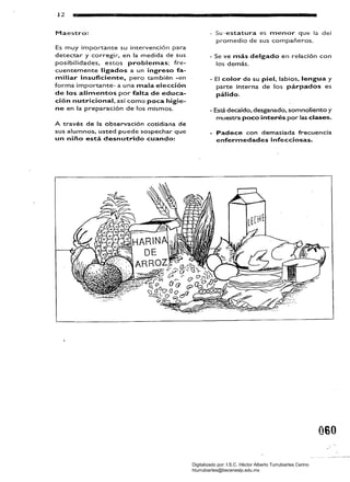 12 ••~».............~..............~~...............a....................m..... 

Maestro:
Es muy importante su intervención para
detectar y corregir, en la medida de sus
posibilidades, estos problemas: fre­
cuentemente ligados a un ingreso fa­
miliar insuficiente, pero también -en
forma importante- a una mala elección
de los alimentos por falta de educa­
ción nutricional, a·sí como poca higie­
ne en la preparación de los mismos.
A través de la observación cotidiana de
sus alumnos, usted puede sospechar que
un niño está desnutrido cuando:
- Su -estatura es menor que la del
promedio de sus compañeros.
- Se ve más delgado en relación con
los demás.
- El color de su piel, labios, lengua y
parte interna de los párpados es
pálido.
- Está decaído, desganado, somnoliento y
muestra poco interés por las clases.
- Padece con demasiada frecuencia
enfermedades infecciosas.
oso

Digitalizado por: I.S.C. Hèctor Alberto Turrubiartes Cerino
hturrubiartes@beceneslp.edu.mx
 