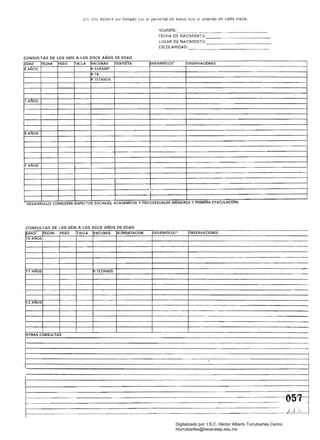 pcc ella deber.'l SE:f !Ienado por el personal de salud que lo atiende en cada visita.
LUGAR DE ,~ .....,v"V¡¡t:
ESCOLARIDAD:
CONSULTAS DE LOS SEIS A LOS DOCE AÑOS DE EDAD
EDAD FECHA PESO TALLA VACUNAS DENTISTA DESARROllO' OBSERVACIONES
GANOS R SARAMP
R TB
7 ANOS
8 ANOS
!) ANOS
I
'I~
I
DESARROLLO: CONSIDERE ASPECTOS SOCIALES. ACADEMICOS y PSICOSEXUALES ¡MENARCA y PRIMERA EYA.CULACIÓNI
CONSULTAS DE LOS SEIS A LOS DOCE AÑOS DE EDAD
EDAD FECHA PESO TALLA VACUNAS ALlMENTACION DESARROLLO' OBSERVJI.CIONES
10 ANOS
'1 ANOS ~ TETANOS
-
12 ANOS
"
OTRAS CONSULTAS
_ _ _ _ _w
'.
A
U,,,
)
~~
:S :., i
Digitalizado por: I.S.C. Hèctor Alberto Turrubiartes Cerino
hturrubiartes@beceneslp.edu.mx
 