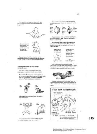 463 

Para descubrir qué pasa cuando un niño tiene
vómito y diarrea a la vez, los niños pueden hacer
lo siguiente:
y
tapón
Quite los tapones 

para mostrar que 

la diarrea con 

vómito causa una 

p.!!rdida más 

rápida de agua. 

De esta manera. los niños aprenden que la
deshidratación ocurre más pronto y • más peligrosa
cuando un niño con dialTElIiI tambilln tiene vómito,
¿Qué sucede cuando un niño pierde
demasiada agua?
Los niños pueden experimentar para ver lo
peligrosa que es la deshidratación para un bebé.
Por ejemplo: Pueden cortar 2 flores, poner una
en un vaso con agua, y tener la otra sin agua. Verán
que una vive mientras que la otra se marchita
y muere. Pregúnteles por qué sucede esto.
con sin
agua agua.
Deje Que los niños comparen esto con el niño
que tiene diarrea.
con
agua
o pueden los nilíos poner una fruta como una
ciruela o guayaba en el calor del sol para ver qué le
pasa.
fruta 	 Fruta Se
fresca después encoge
llena de Y se
de secarse arruga.
agua. 	 en el
sol.
•Pragúnteles a los niños qué piensan que le pasa
!l un niño cuando se seca. ¡Exacto! Pierde'peso y
hasta se puede arrugar.
Muchas leCes. usted no verá de inmediato las
arrugas en un niño deshidratado. Pero los niños
pueden aprender a hacer la siguiente "prueba del
pecho arru gado":
Levante la piel Luego suéltcla.
del pecho entre Si tarda en
dos dedos, así. volver a su
posición normal,
el niño está
deshidratado.
Los niños pueden practicar esta prueba
pellizcando la piel del revés de la mano de un adulto.
Para que parezca más real, los nUlos pueden hacer
un bebé muñeco como éste de un calcetln viejo.
Después de descubrír las distintas señas de la
deshidratación por medio de sus experimentos. los
niños pueden hacer una lista en el pizarrón o en un
cartel.
SERAs DE LA DESHIDRATACiÓN
cAfDA EN ·poco O !'lAcA
lO~ 6ESfs OE ORINA¡
LA ORINA ES
*PÉROIOA DE COLOR $UeIOO
7
REPENTINA
.MOLlElI.I<.
SECA
,/'"
DE PE~O • CUANDO I'>E PELL.ll CA
LA PIEL, NO VUELVe: LUECTO
A SU POSIC-1Ófl NORMALPregunte a los niños. -¿Qué necesita un niño
Con diarrea para Que no se marchite y muera?
675
Digitalizado por: I.S.C. Hèctor Alberto Turrubiartes Cerino
hturrubiartes@beceneslp.edu.mx
 