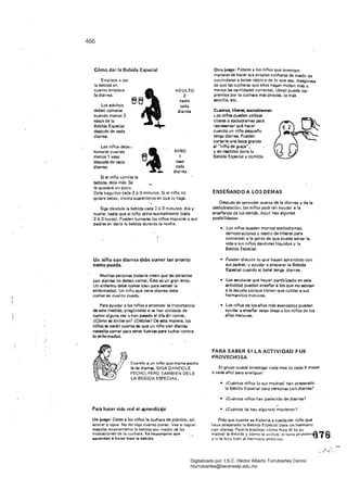 466
Cómo dar la Bebida Especial
Empiece a dar
la bebida en
cuanto empiece ADULTO
la diarrea. :2
vasos
Los adultos cada
deben tomarse diarrea
cuando menos 2
vasos de la
Bebida Especial
después de cada
diarrea.
_Los niños debe"
tomarse cuando NI~O
menos 1 vaso 1
daspues de cada vaso
diarrea. cada
diarrea
Si el niño vomita la
bebide, dele más. Se
le quedará un poco.
Dele traguitos cada 2 Ó 3 minutos. Si el niño no
Quiere beber, insista suavemente en que lo haga.
Siga dándole la bebida cada 2 Ó 3 minutos. día y
noche. hasta que el nifío orine normalmente (cada
2 Ó 3 horas). Pueden turnar.;e los ni/íos mayores y SJS
padres en darle la bebida durante la noche.
Un niño con diarrea debe comer tan pronto
como pueda.
Muchas personas todavía creen Que las personas
con diarrea no deben comer. Esto es un gran error.
Un enfermo debe comer bien para vencer la
enfermedad. Un niño qJe tiene diarrea debe
comer en cuanto pueda.
Para ayudar a los niños a entender la importancia
de esta medida, preglJl'lteles si se han olvidado de
comer alguna vez o han pasado el día sin comer.
¿Cómo se sintieron? ¿Débiles? De esta manera, los
niños se darán cuenta de que un niño con diarrea
necesita comer para tener fuerzas para luchar contra
la enfermedad.
Cuando a un niño que mama pecho
le da diarrea. SIGA DANOOLE
PECHO. PERO TAMBIEN DELE
LA BEBIDA ESPECIAL.
Para hacer más real el aprendizaje
Un juego: Deles a los nifíos la cuchara de plástico. sal,
azúcar y agua_ No les diga cuánto poner. Vea si logran
mezclar exactamente la bebida per medio de las
indicaciones de la cuchara. Es importante que
aprendan a hacer bien la bebida.
Otro juego: Pídales a los niños que inventen 

maneras de hacer sus propias cucharas de medir de 

corcholatas o botes viejos o de lo que sea. Asegúrese 

de que las cucharas que ellos hagan midan más o 

menos las cantidades correctas. Usted puede dar 

premios por la cuchara más precisa. la más 

sencilla. etc. 

Cuadros, tlt8f'fIS, soc/odAmas: 

Los niños pueden utilizar 

títeres o soclodramas para 

representar qué hacer 

cuando un niño pequeño 

tenga diarrea. Pueden 

cortarle una boca grande 

al "niño de guaje", 

y en realidad dade la 

Bebida Especial y comida. 

ENSEÑANDO A lOS DEMAS
Después de aprender acerca de la diarrea y de la
deshidrataci6n, los niños pOdrían ayudar a la
enseñanza de los demás. Aquí hay algunas
posibilidades:
•. 	Los nilíos pueden montar sociodramas. 

demostraciones o teatro de t{teres Para 

convencer a la gente de que puede salvar la 

vida a sus niños dándoles líquidos y la 

Bebida Especial. 

• 	 Pueden discutir lo que hayan aprendido con 

sus padres. y ayudar a preparar la Bebida 

Especial cuando el bebé tenga diarrea. 

• 	 Los escolares que hayan participado en esta
actividad pueden enseñar a los que no asistan
a la escuela porque tienen que cuidar a sus
hermanitos menores.
• 	 Los niños de los años más avanzados pueden
ayudar a enseñar estas ideas ¡¡ los ni líos de los
años menores.
PARA SABER SI lA ACTIVIDAD FUE
PROVECHOSA
El grupa puede investigar cada mes (o cada 6 meses
o cada año) para averiguar:
• 	 ¿Cuántos niños (o sus madres! han preparada
la Bebida Especial para personas con diarrea?
• 	 ¿Cuántos niños han padecido de diarrea?
• 	 ¿Cuántos (si hay algunos) murieron?
Pida que cuente su historia a cualquier niño que
haya preparado la Bebida Especial para un hermano
con diarrea. Podría explicar cómo hizo él (o su
madrel la 8ebida y cómo la ulilizó. sí-tuvo prob,emQ7 BV si le hizo bien al hermano enfermo. . - - .
Digitalizado por: I.S.C. Hèctor Alberto Turrubiartes Cerino
hturrubiartes@beceneslp.edu.mx
 
