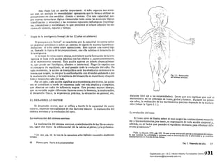 esta !tapa hay un cambio importante: el niilo organiza sus accio­
nes con un sen tido de reversibilidad operatoria que lo lleva a utitizar su
en dos sentidos: directo e inverso, Con esta capacidad, sur­
gen nuevas estructuras iógicas elementales tales como las nociones lógicas
(clasificación Y seriación) y las nociones espaciales infralógicas (topológi­
cas, proyectívas y euclidianas), lo que permitirá al infante adquirir las no­
ciones de número, espacio y tiempo.
Etapa de la inteligencia forma,1 (de los] 2 aftos en adelante)
El pensamien lo formal' se caracteriza por la capacidad de operar sobre
ún material simbólico y sobre un sistema de signos de manera hipotético­
deductiva: el nirlo opera sobre operaciones. Esto supone una nueva lógi­
ca, llamada la lógica de las proposiciones, con ella culmina el desarrollo de
la intel igencia.
A lo largo dI! estas cuatro etapas, es evidente que la formación de la in te­
ligcncia se basa en la acción práctica con los objetos y, consecuentemente,
en el movimiento corporaL Esta acción supone un interés desencadenan­
te, que puede ser fisiológico, afectivo °intelectual. Piaget lo explica con
el cont:epto de equilibrio, el cual preside toda la evolución del niflo. En
cada momento, la acción se desequilibra ante los obstáculos externos e in­
ternos que surgen, ya sea por la confrontación con el medio ambiente o por
la maduración misma, y la tendencia del desarrollo es restablecer el equili­
brio y mejorarlo cada vez más.
Por un lado, cada acción significa una experiencia; por el otro, las accio­
nes se coordinan a través de' esquemas cada vez más amplios y complejos,
que abarcan un radio de influencia mayor. Este proceso supone tiempo,
que es variable según diferentes factores como:a herencia, la maduración,
el desarrollo físico, la experiencia práctica, la educación en general, etc.
EL DESARROLLO MOTOR
El desarrollo motor, que se refleja a través de la capacidad de movi­
miento, depende esencialmente de dos factores básicos: la maduración del
sistema nervioso y la evolución del tono.
La maduración del sistema nervioso
La maduración del sistema nervioso, o mielinización de las fibras nervio­
sas, sigue dos leyes: la cefalocaudal (de la cabeza al glúteo) yla próximo­
7 Cfr. ¡bid" 68, Se trata de las operaciones sobre hipótesis o enunciados simplemente
verbales.
16 Primera parte. Teorfa de la psicomotricldad
----~""..
(" )"'"
, .. ", ~
, ' " , '( 'V,
• 	 11''''
, j ': .' r '"~", " I
' '-~,:: ) ).: 	~. i ,{i
-/'id .1./1<
1~":' ~
,(,/' X. ' . "
~/; '.r .~. . "­
;;:: ~C~.c"-i.. " .• '.
I 	 ,-: .'/:.'/"3,1i2::.. j'.,'''",­
/-,-;"; ';,,-:",/' , . '"'"~ <,',' >'. ,~~-:-" r",.. "',
-;/; /'- f -"'., '. • ..., ,,~'. -/ / 1'-.-i " ..ÁJt ;".: ¡ ""''-__~~;/ ).,....;~:j....~")_.'
r 	 ~.~ ':. , ,'. .
:)~I '1' .
" 1, ." I
II / ' ,"" :.. '.,
I ' "
!
).,
(.  I ,;: h
. , v..', .', Flg, 1.1. MAdurAcl6n
dtl slslenu n.rvlolo,
f',
ti "-..;
l.
distaÍ'tte (del eje a las extremid·ades). Leyes que nos explican por qué el
movimiento en un prinCipio es tosco. global y brusco. Durante los prime­
ros anos, la realización de los movimientos preci~os depende de la madura­
ción (véase la figura 1.1,).
La evolución del tono
El tono sirve de fondo sobre el cual surgen las contracciones muscula­
res y los movimientos; por tanto, es responsable de toda acción corporal y,
además, es el factor que permite el equilibrio necesario para efectuar dife­
ren tes posiciones.8 	 '
! Cfr. Le Boulch, 1971. pág, 125. Ellono e5 una contr.cc!ón parcial y permanente del múscu.
lo, que 5u~tcnla I~s actividades)' posturas; está en Interrelación con la afectividad y se modifica
constantemente en runción de ésta ultima. 	 .
Cap. 1. OBS8rrollo del niño 17
Q3l
.J
Digitalizado por: I.S.C. Hèctor Alberto Turrubiartes Cerino
hturrubiartes@beceneslp.edu.mx
 