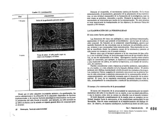 Cuadro 13. (continuación)
Edad
7-8 meres
9 meses
11
Adquisiciones
Inicio de la aprehensión palmario-pulgar.
Toma de pinta: el niflo puede coger un
objeto con el pulgar y el índice. .
Desde que el nifio adquiere la posición sedente y la aprehensión, las
nuevas adquisiciones Y la afmaci6n de lo adquirido dependen de factores
maduracionales y de nuevos factores pSicológicos relacionados con la nue­
va perspectiva del niffo frente al mundo: por ejemplo, un niilo sentado en
su sillita ya abarca con la mirada un espacio grande lleno de cosasque quie­
re alcanzar.
PrImera parte. Tlorra de la psicomotricldad
Durante el desarrollo, el movimiento cambia de función. En la etapa
sensoriomotriz, el movimiento, generador de la adquisición de las experien­
cias, es una entidad inseparable de la formación de la inteligencia, que en
esta etapa es práctica, ejecución y acción. Durante la siguiente etapa, el
movimiento se interioriza por medio de la representación. En este proceso
es muy importante la manipulación de los objetos y la vivencia física del
espacio y del tiempo.
LA ELABORACiÓN DE LA PERSONALIDAD
El tono corno factor psicológico
Las funciones del tono son múltiples y, como ya hemos mencionado,
representan el fondo que permite el movimiento: son la base de toda ac­
ción corporal. Su fundón no es solamente neurofisiológica, puesto que
también depende de las emociones que se traducen en actividades, postu­
ras, mímica y que acompaftan toda comunicación. Esta expresión no ver­
bal se manifiesta desde los primeros meses de la existencia y permite al
niilo entrar en contacto con el mundo exterior.
Hemos visto que el lactante presenta a la vez reacciones de tipo refle­
jo y una actividad difusa, es decir descargas motoras de sus estados afecti7
vos, ya sea de satisfacción o de cólera. Aiuriaguerra clasifica estos estados
según su contenido, por ejemplo, la hipertonía corresponde generalmente
a una explosión de cólera, en cambio la hipotonía, a un estado de satisfac­
ción, de contento.
Pueden considerarse como respuestas al medio ambiente, especialmen­
te a la madre, y a esta relación se la ha llamado diálogo tónico. El adulto
estimula este diálogo manipulando al niflo durante los cuidados o Josjuegos.
Los contactos físicos cargados de contenido emocional son la primera for­
ma de vida relacional y asimismo precursores de la comunicaciónverbal y,
consecuentemente, son condición necesaria para el desarrollo de la perso­
nalidad. El tono, en su expresión emocional, persistirá durante toda la
vida, acompanando la comunicación a través de las actividades y la mímica.
El cuerpo y la construcción de la personalidad
El inicio del desarrollo de la personalidad se caracteriza por un estado
simbiótico del nino en la l'elación con su madre, y por un estado sincrético,
o sea la manera como vive su cuerpo en relación con el mundo exterior.
El bebé depende completamente de la madre pero su energía y su ac­
tividad tienden 'hacia la autonomía, si las condiciones ambientales le son
favorables. Una de estas condiciones es el establecimiento del diálogo tó­
nico. Se observa, de manera concluyente,la diferencia entre un nitlo cuya
Cap. 1. Desarrollo del niño 23
03422
Digitalizado por: I.S.C. Hèctor Alberto Turrubiartes Cerino
hturrubiartes@beceneslp.edu.mx
 